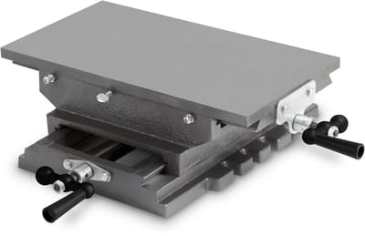 EBERTH kruistafel van gietijzer en staal, werkblad 200 x 360 mm, werkhoogte 120 mm, 2-assige bankschroef voor boor- en freesbewerkingen, coördinatentafel voor boormachine, freesmachine en werkbank.