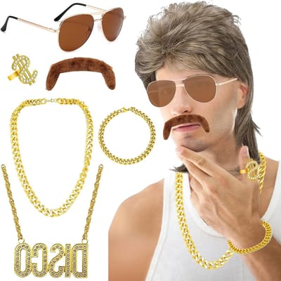 Vokuhila Perücke voor Mannen met 7-delige Set, 80s Outfit met Gouden Ketting, Zonnebril en Snor voor Themafeest en Retro Kostuum