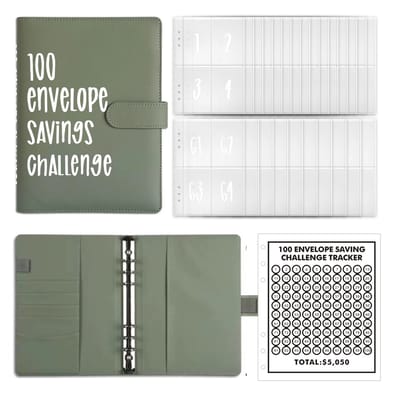QTTVBTNA 100 enveloppen spaaruitdaging - stevige leren spaarmap - leuk en gemakkelijk geld sparen - A5 formaat - herbruikbare spaarboek -Theegroen