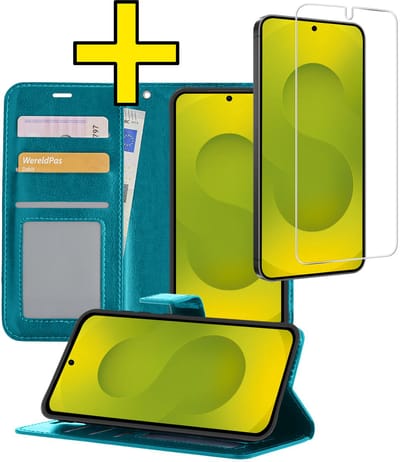 Hoesje - Met Screenprotector - Geschikt voor Samsung Galaxy S25 Edge - Luxe Pasjeshouder - Bookcase Portemonee - Flip Case - Kunstleer Book Case - Flipcase - Book Cover - Walletcase - Portemonneehoes - Telefoonhoesjes - Turquoise