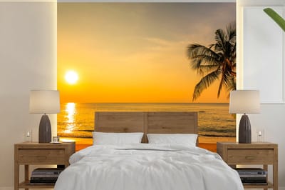 Behang - Fotobehang Palmboom - Strand - Zonsondergang - Zee - Breedte 350 cm x hoogte 350 cm
