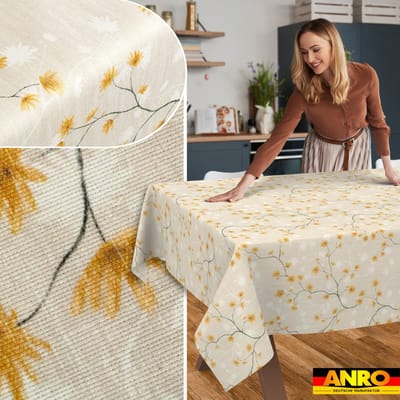 ANRO Tafelkleed Bloemen en vogels Beige 300x140cm Rechte rand Afwasbaar Waterafstotend
