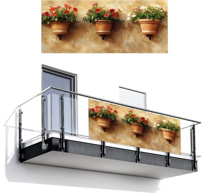 Balkonscherm 300x120 cm - Balkonposter Bloempotten - Muur - Vintage - Balkon scherm decoratie - Balkonschermen - Balkondoek zonnescherm