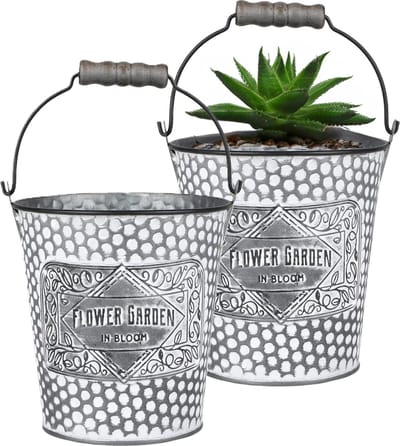Sunnydays Emmer/plantenpot/bloempot - 2x - zink - zilver - D12.5 x H13 cm