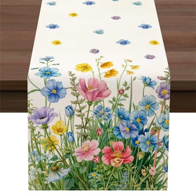 Waterverf Wilde Bloemen Linnen Tafel Runner Feestdecoratie Lente Blauw Roze Bloemen Keuken Eettafel Runners Bruiloft Decoraties 150x33cm gray
