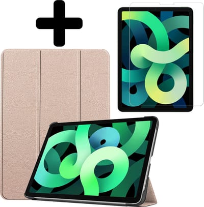 Hoes - Geschikt voor Apple iPad Air 5 (2022) - 10.9 inch - 5e Generatie - M1 - Met Screenprotector - Trifold Bookcase - Hard Cover - Hardcover Book Case - Tablet Hoesje - Goud