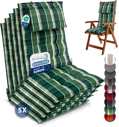 Beautissu Sun-HL - Set van 5 Premium Hoge Rugleuning Kussen met Hoofdkussen 120x50 cm – UV-bestendig & 8cm Dik Kussen Tuinstoelkussen Antislip Bevestigingsbanden – Stevige Stof Groen geblokt