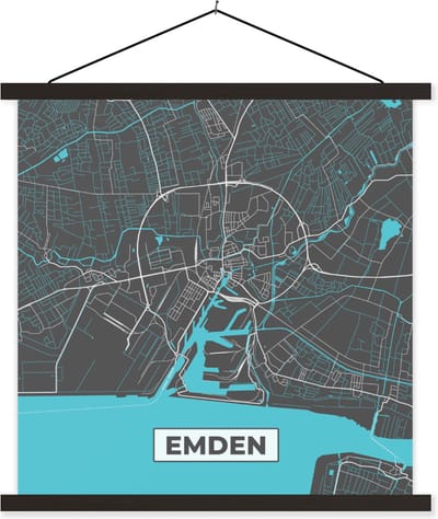 Posterhanger incl. Poster 120x120 cm - Schoolplaat - Kaart – Plattegrond – Stadskaart – Emden – Duitsland – Blauw - Textielposter - Zwarte latten - Stadskaart