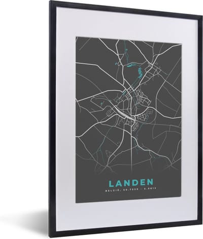 Fotolijst incl. Poster - Stadskaart – Grijs - Kaart – Landen – België – Plattegrond - 30x40 cm - Posterlijst