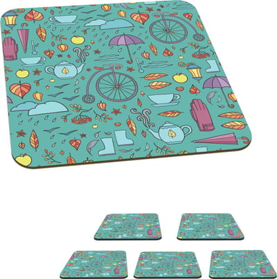 Onderzetters voor glazen - Herfst - Patroon - Fiets - Regen - 10x10 cm - Glasonderzetters - 6 stuks