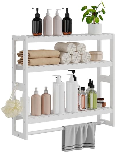 Dailygoods- Badkamerplank 3-laags verstelbaar - Bamboe organizer - Hangend/vrijstaand - Opbergrek - Handdoekhouder - Multifunctioneel ontwerp