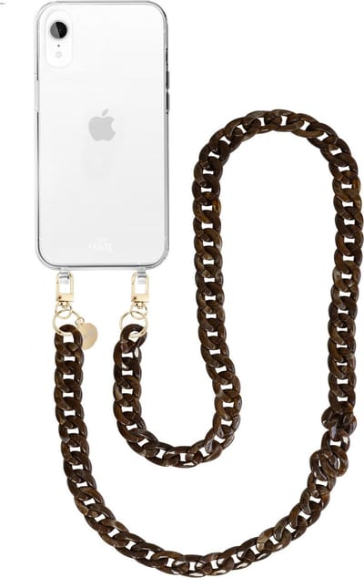 xoxo Wildhearts siliconen hoesje - Geschikt voor iPhone XR - Brown Chocolate - Telefoonhoesje - Hoesje met koord - Bruin koord - lang telefoonkoord - Transparant hoesje (lange variant)