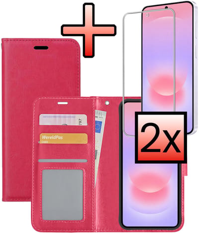 Hoesje - Met 2x Screenprotector - Geschikt voor Samsung Galaxy A37 - Luxe Pasjeshouder - Bookcase Portemonee - Flip Case - Kunstleer Book Case - Flipcase Hoes - Book Cover - Walletcase - Portemonneehoes - Donkerroze