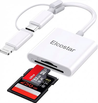 ELCOSTAR® 2-in-1 SD Kaart lezer USB C Cardreader – Geheugenkaartlezer Micro SD – Inclusief Lightning Adapter – Compatibel met iPhone, iPad, Android, Windows & Mac – Compact & Snel