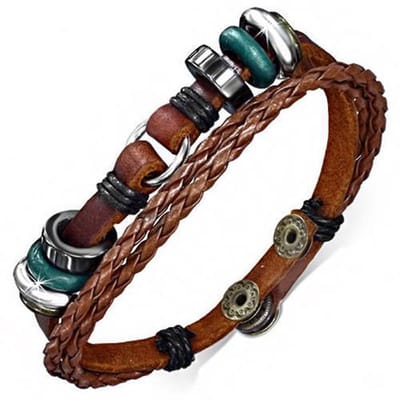 Montebello Armband Loe B - Leer - 316L Staal - Kralen - 15mm - 20-22cm