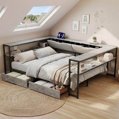 BLACKCOLORS Gestoffeerd bed slaapbank dagbed 140x200 met USB- en Type-C-oplaadstation, dagbed, jeugdbed met 2 lades en metalen lattenbodem, betonkleur