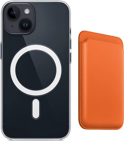 Stravo Clear Hoesje met magnetic Wallet Card Holder - Geschikt voor iphone 14 - Beschermhoes met magnetische leren kaarthouder wallet – Ondersteunt draadloos opladen - Oranje