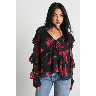 boohoo Dames Chiffonblouse met bloemenprint en ruches | Black | Maat: 6