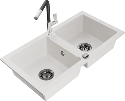 Mexen Mario granieten spoelbak 2-vaks met keukenmengkraan Flora, wit - 6504-20-670401-07-B