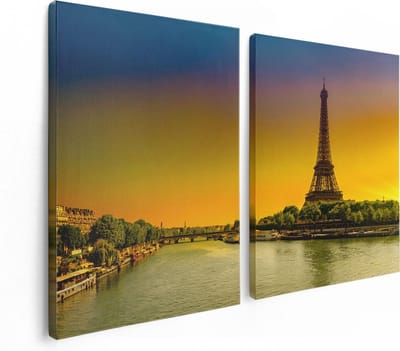 Artaza Canvas Schilderij Tweeluik Eiffeltoren In Parijs Tijdens Zonsopgang - 120x80 - Foto Op Canvas - Canvas Print