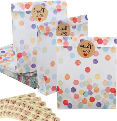 Allecto Plus - Cadeauzakjes 50 stuks met stickers | Papieren zakjes kinderverjaardag | Verjaardagszakjes 19 x 12 x 4 cm | Kinderen souvenir feest festival bruiloft