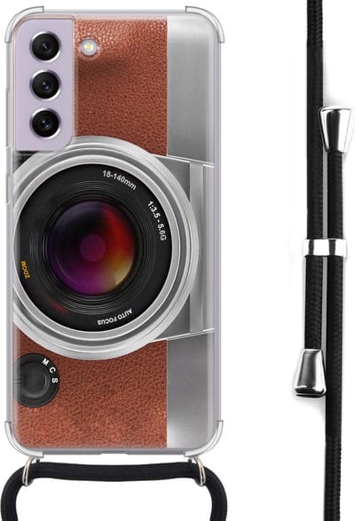Hoesje met koord - Geschikt voor Samsung Galaxy S21 FE - Vintage camera - Verstelbaar zwart koord - Crossbody - Print / Illustratie - Bruin, Transparant - Leuke Telefoonhoesjes