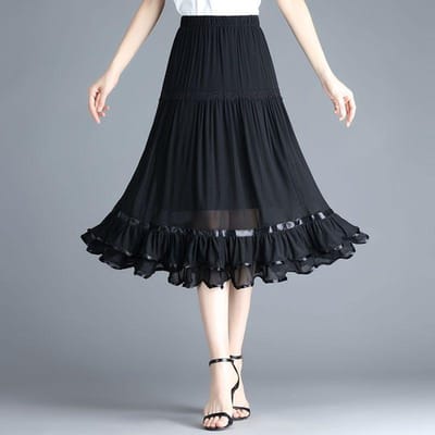 Nouveau Demi-jupe mi-longue taille haute grande balançoire jupe plissée grande robe de danse grande balançoire jupe en maille 3XL noir