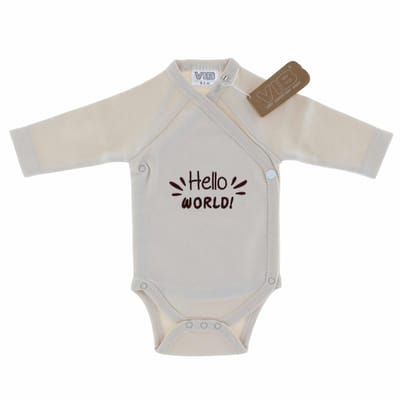 VIB® - Overslag romper 'Hello WORLD!' beige (0-3 m) - Babykleertjes - romper - rompertjes - rompertjes met tekst - baby cadeau - baby aankondiging - overslagromper
