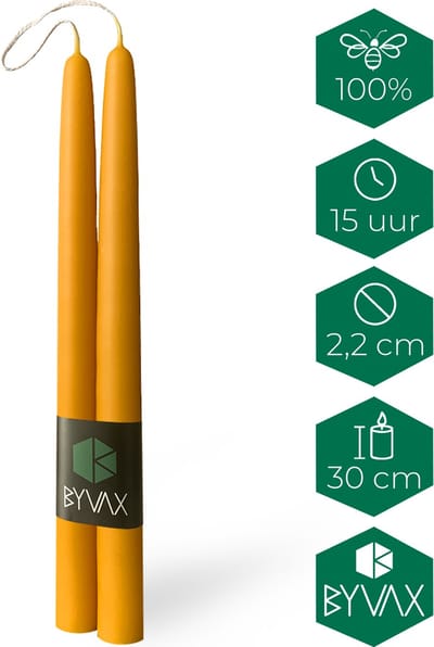 8 Bijenwas Dompelkaarsen | 30cm Hoog | 100% Zuivere bijenwas | Dinerkaarsen