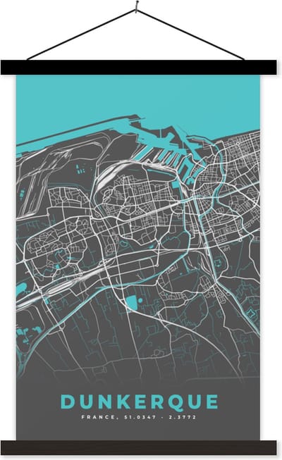 Posterhanger incl. Poster 40x60 cm - Schoolplaat - Frankrijk - Kaart - Dukerque - Stadskaart - Plattegrond - Textielposter - Zwarte latten - Stadskaart