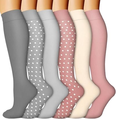 QTTVBTNA - Compressie sokken voor vrouwen - Sport Steunkousen - Lange compressiekousen - Rekbare compressiekousen - Voor Hardlopen Reizen Werk - Maat S/M - 6 Paar