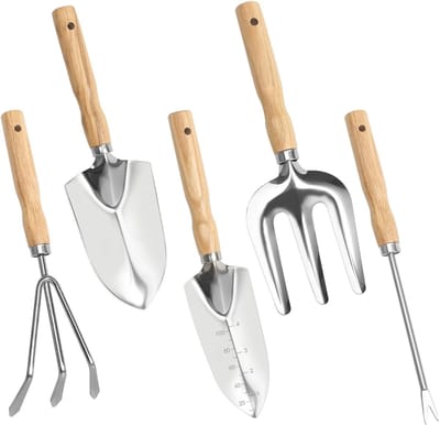Allecto - Tuingereedschapset - Tuinschop - Ergonomisch handgereedschap - 5 stuks - Tuinieren - Roestvrijstaal - Geschikt voor tuinliefhebbers - Com...