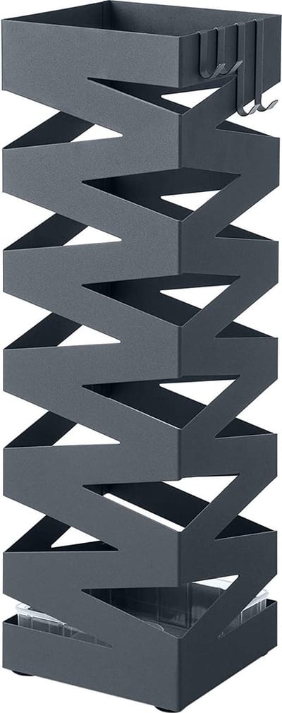 SONGMICS parapluhouder, metaal, parapluhouder, vierkant, 4 haken en een afneembare wateropvangbak, 15,5 x 15,5 x 49 cm, antraciet