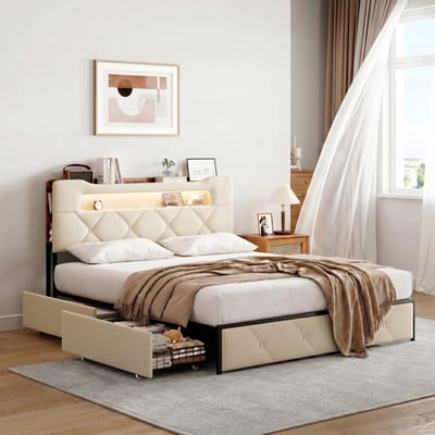 Gestoffeerd bed 160×200 cm in beige – zachte fluwelen bekleding, hoofdeinde met opbergruimte en USB-poort, 4 lades onder het bed voor royale opbergruimte