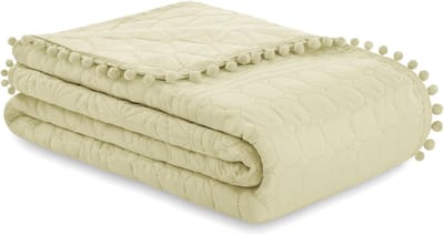 Famanu – Sprei met pompons cm bedsprei dubbelzijdig ultrasoon stiksel polyester Meadore beige