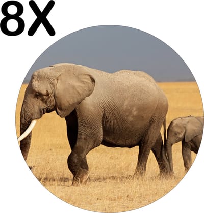 Luxe Ronde Placemat - Olifant met Baby Olifant - Set van 8 Placemats - 50x50 cm - 2 mm dik Vinyl - Anti Slip - Afneembaar