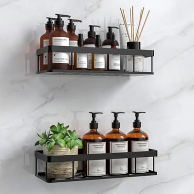 PromoHome Doucherek Zonder Boren 2-Pack, No-Drilling Adhesieve Wandmontage Badkamer Doucheplank, Badkamer Organizer voor Douche en Keuken Opslag, Zwarte Shower Shelf met Sterke Lijm