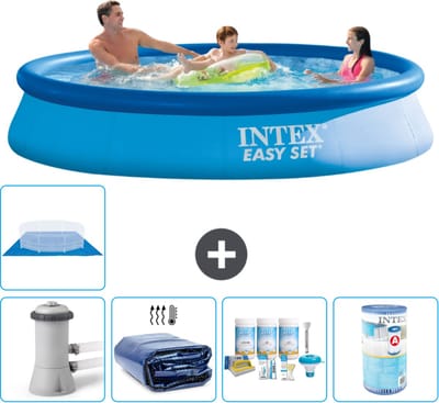 Intex Rond Opblaasbaar Easy Set Zwembad - 366 x 76 cm - Blauw - Inclusief Pomp - Solarzeil - Onderhoudspakket - Filter - Grondzeil - Solar Mat - 7-delig