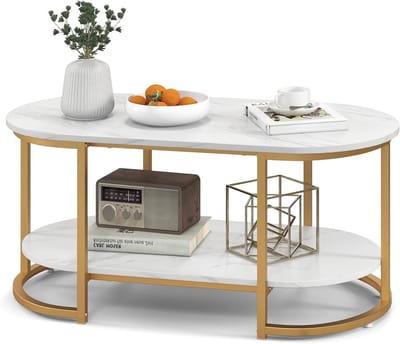 Moderne Ovale Salontafel met Marmereffect en Goudkleurig Frame - Eenvoudig te Monteren