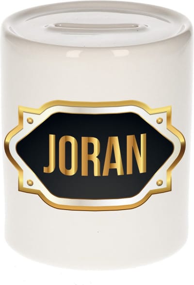 Spaarpot met voornaam Joran - wit - met goud/zwart embleem - 8 x 9 cm - keramiek - met afsluitdop - cadeau verjaardag