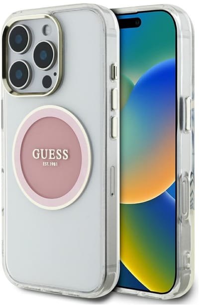Guess IML Metal Colored Circle Classic Logo - iPhone 16 Pro Hoesje - MagSafe - Roze - Luxe en Functioneel