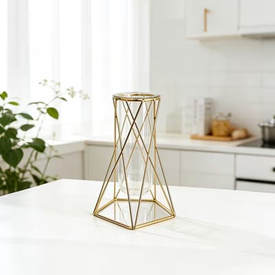 Luxe Glazen Vaas - 15 x 11,5cm - Moderne Vaas - Glas en Metaal - Huisdecoratie - Chique - Klassieke stijl - Hoekig - Geschikt voor Bloemen, Planten en Stekjes