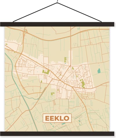 Posterhanger incl. Poster 60x60 cm - Schoolplaat - Stadskaart - Vintage - België - Plattegrond - Kaart - Eeklo - Textielposter - Zwarte latten - Stadskaart