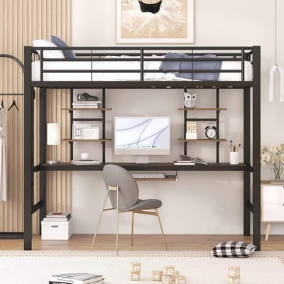 Loftbed met Bureau en Boekenplanken - 90 x 200 cm met Stabiele IJzeren Bedframe
