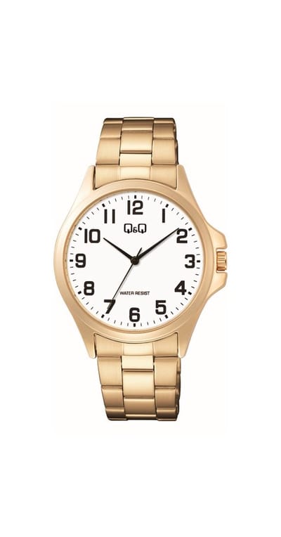 Q&Q C36A-016PY - Horloge - Analoog - Mannen - Heren - Stalen band - Rond - Metaal - Cijfers - Goudkleurig - Wit