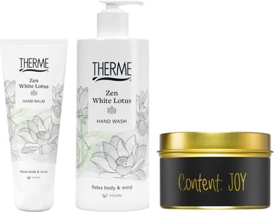 Therme Cadeauset Handverzorging Zen White Lotus - Therme Hand Balm Zen White Lotus - Therme Hand Wash 300 ml Zen White Lotus - My Flame Kaars Blikje Content: JOY