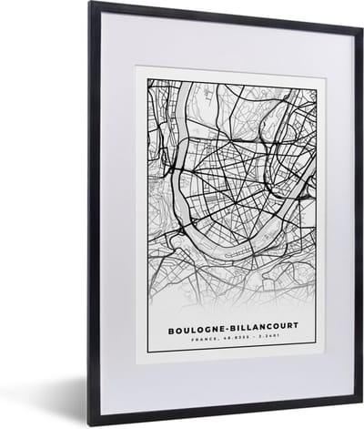 Fotolijst incl. Poster Zwart Wit- Kaart - Plattegrond - Boulogne-Billancourt - Frankrijk - Stadskaart - Zwart wit - 30x40 cm - Posterlijst