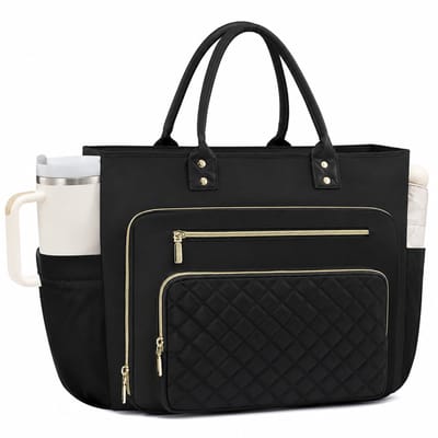 VHV Laptoptas Dames - Werk- & Docententas - Beige/Bruin - 15.6 inch Laptopvak - Grote Bekerhouder - Zakelijke Handtas - Polyester - 42.5 cm - Zwart
