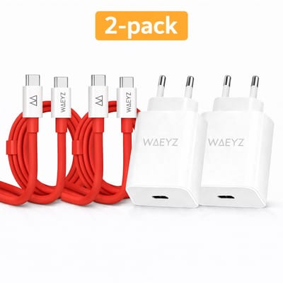 2 Stuks USB-C Adapter 20 Watt Oplader + 2 Meter 60W USB-C Naar USB-C Kabel Extra Dik Oplaadsnoer Snellader Power Delivery (PD) Snellader / Fast Charger / Chargeur Rapide SET - Universeel - Rood
