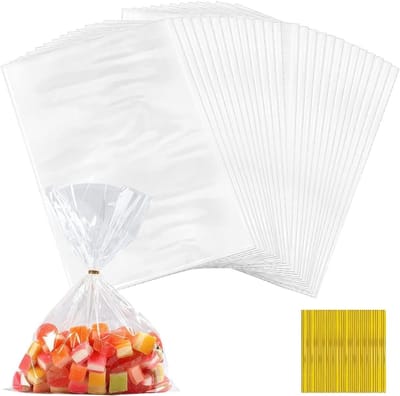 100 Doorzichtige Cellofanen 20cm x 30cm met 100 Metalen Bindbanden voor Snoep, Koekjes, Desserts en Popcorn